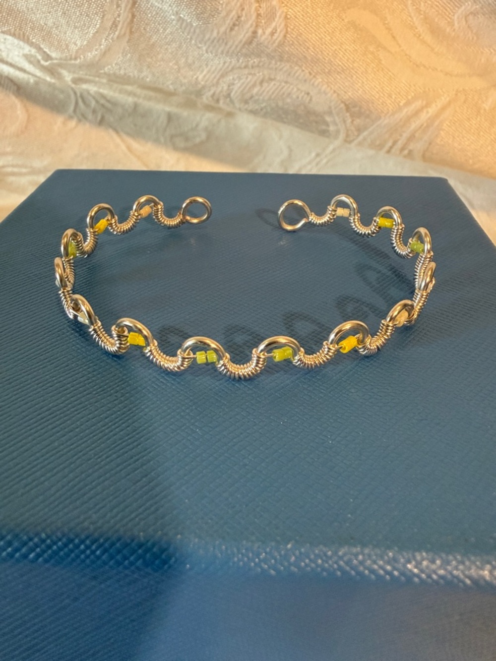 Handmade Silver Tone Wavy Wire bracelet with Yellow & green Accents